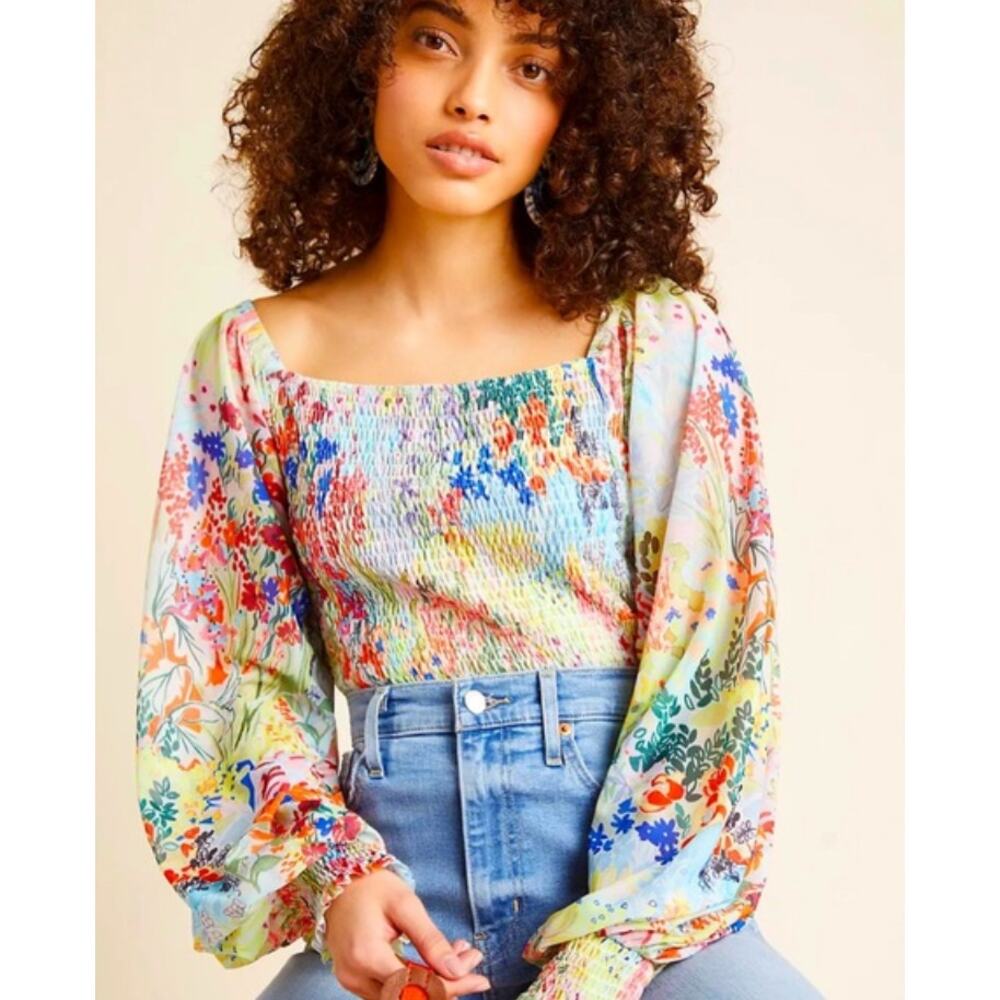 Anthropologie Smocked bodice Multicolor Floral Blouse  XL